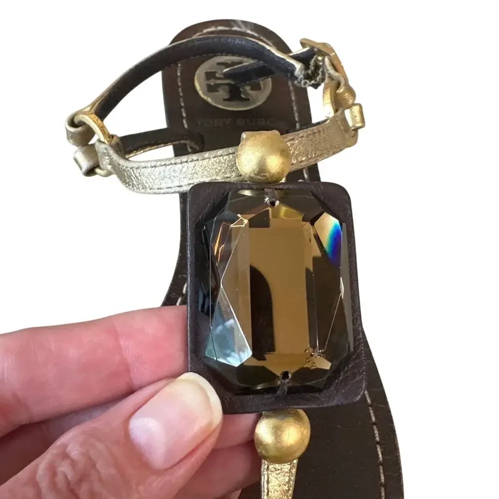 Tory Burch Jeweled Stone Thong Sandals Gold Brown T-Strap‎ 6.5